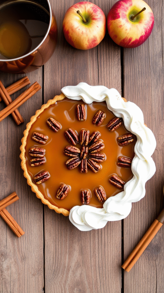 Caramel Pecan Tart With Spiced Cider Whipped Cream